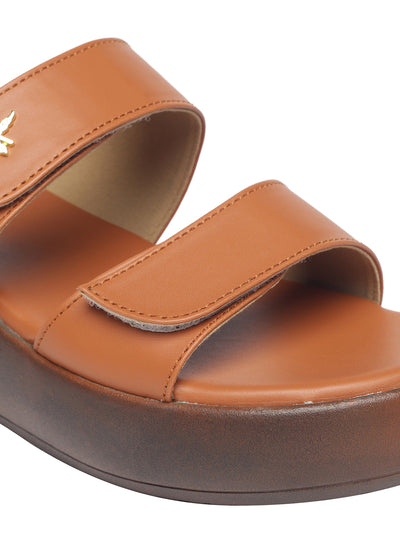 Meera Curvy Velcro Tan Flatform Sandals