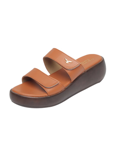 Meera Curvy Velcro Tan Flatform Sandals