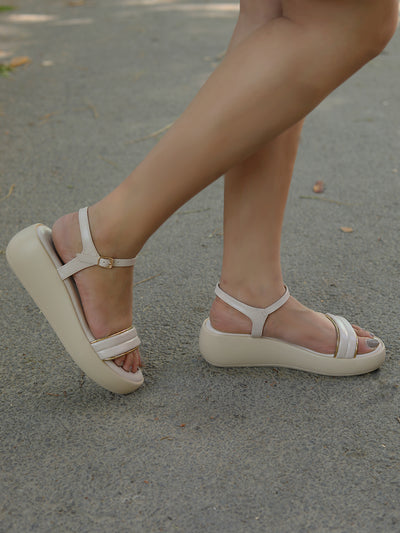 Meera Curvy Sleek Strap Cream Flatform Sandals